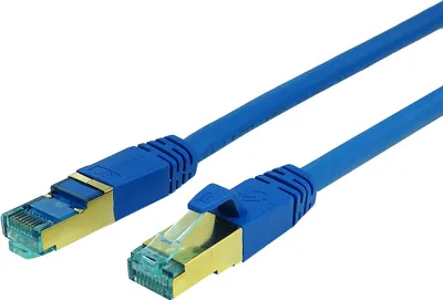 A close-up shot of two blue Ethernet cables with gold connectors against a white background.