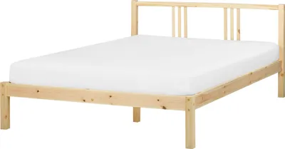Produktbild von BELIANI Bett Hellbraun Kiefernholz mit Lattenrost 140 x 200 cm Hohes Kopfteil Lattenoptik Klassisch Skandinavisch Schlafzimmer Holzbett Doppelbett