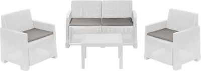 Produktbild von Outdoor-Lounge-Set Dbagnolin, Gartenkomposition mit 2 Sesseln, 1 Sofa und 1 Couchtisch, Rattan-Effekt mit Kissen, 100 %  Italy, Weiß