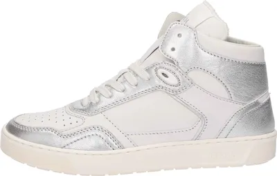 A side view of a white and silver high-top sneaker.