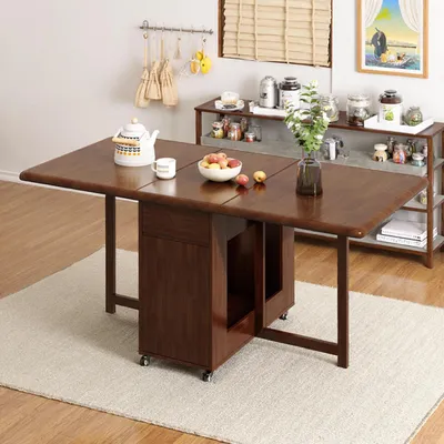 Image de Table extensible en noyer, 130 cm, avec espace de rangement et roulettes, pour 2 à 6 personnes
