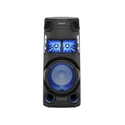 A black Sony MHC-V43D entertainment center with blue lighting.