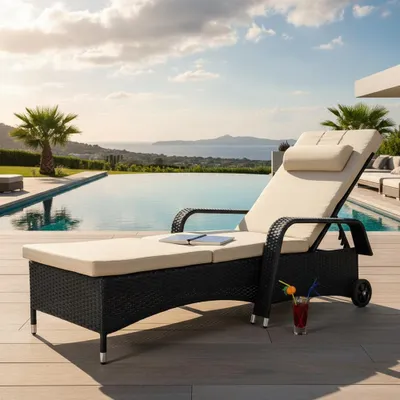 Lettino Da Esterno Polyrattan HWC-A51 Regolabile Basic Grigio Cuscino Grigio Scuro
