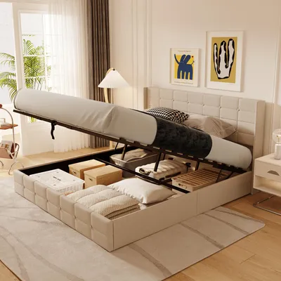 Produktbild von BEALIFE Polsterbett 180x200 cm mit Lattenrost & Hydraulikbett | Doppelbett mit Stauraum in Leinenoptik | Grau/Beige | 18BF84