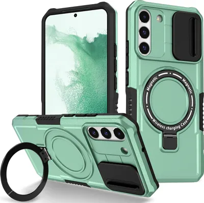 Produktbild von Handyhülle für Samsung Galaxy S22+ 5G Kompatibel mit MagSafe, Robuste Hülle mit Schiebe Kamera Schutz, Magnetischer Ringständer Grün