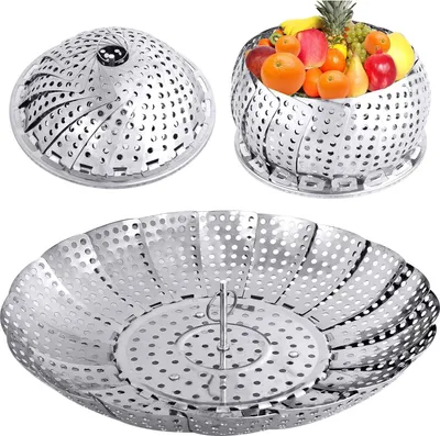 Produktbild von Zusammenklappbarer Dampfkorb für Gemüse, Dampfkorbeinsatz aus Metall und Edelstahl, zusammenklappbare Dampfkörbe zum Kochen von Speisen, erweiterbar, passend für Töpfe verschiedener Größen (15 bis 25 cm).