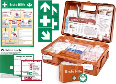 Produktbild von Erste Hilfe Kasten -Komplettpaket- - aktuelle DIN/EN 13157 für BÜRO & BETRIEBE + DIN/EN 13164 für KFZ - INKL. 1. Hilfe AUFKLEBER & AUSHANG