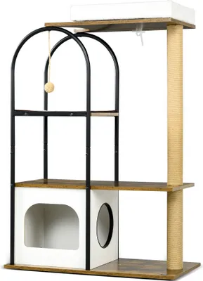 Produktbild von Kratzbaum mit Kippschutz, 4 Etagen Katzenhaus, Spielball, Braun/Weiß 80x40x118,5 cm