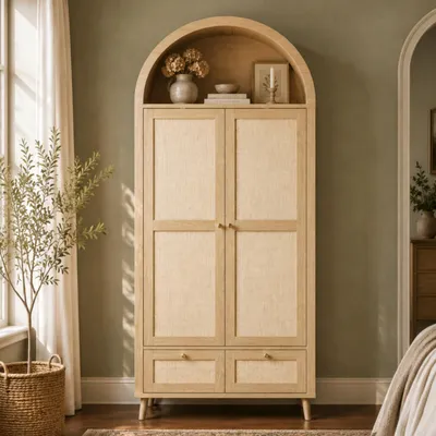 Productafbeelding van Kledingkast in rotanlook, garderobekast in boogvorm, garderobe met kledingroede en lades, 180 cm hoog, eikenhout