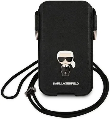 A black phone case with a Karl Lagerfeld character design and a strap.