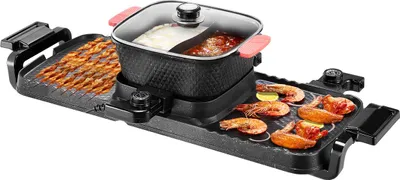 Obrázek produktu pro SucceBuy elektrický hrnec na polévku a gril 2 v 1, 2300 W, odnímatelná nádoba na polévku Shabu-Shabu s nepřilnavým povrchem, nezávislé dvojí nastavení teploty, ideální pro korejské grilování v interiéru, vhodné pro 1–6 osob