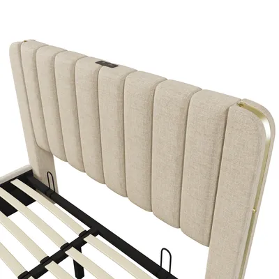 Produktbild von Flieks Polsterbett 160x200cm mit Ladefunktion (USB, Typ-C), Doppelbett Stauraumbett mit Lattenrost, Hydraulisches Jugendbett Boxspringbett, Leinen