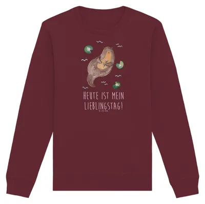 Produktbild von Mr. & Mrs. Panda Baumwoll Sweatshirt Otter Seerose Größe M - Burgundy - Geschenk, Seeotter, Bio Pullover, Fluss, Lieblingstag, Pulli, Sweater, Wasser
