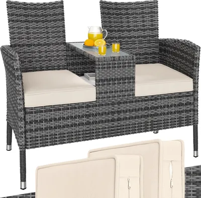 Image de Banc de jardin en polyrotin 2 places avec coussins table intégrée 145 x 58 x 87 cm Salon de jardin extérieur gris