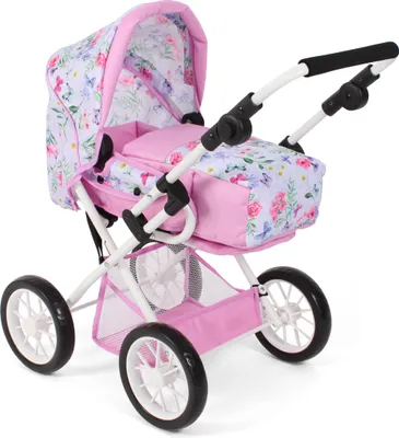 A doll's pram with a floral pattern.