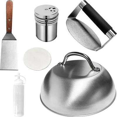 Image de Ensemble de presse à hamburger en acier inoxydable, comprenant une presse, un ustensile pour retourner les hamburgers et des accessoires