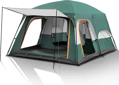 Produktbild von Outdoor-Campingzelt, wasserdichtes doppellagiges Campingzelt, zwei Zimmer und ein Wohnzimmer, geeignet für 8–12 Personen, 460x305x200 cm, dunkelgrün
