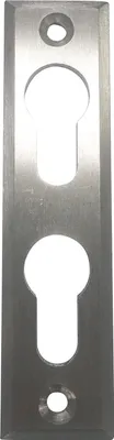 A rectangular metal plate with two keyhole-shaped cutouts and two small circular holes.