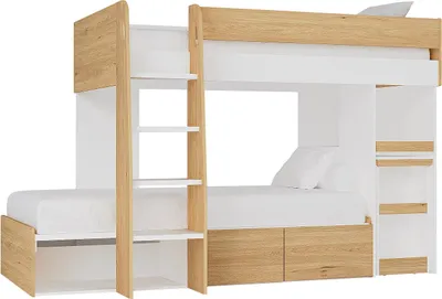 Produktbild von Etagenbett 2 x 90 x 190 cm mit Schreibtisch und Ablagefächern - Natur und weiß - LOMIDEN