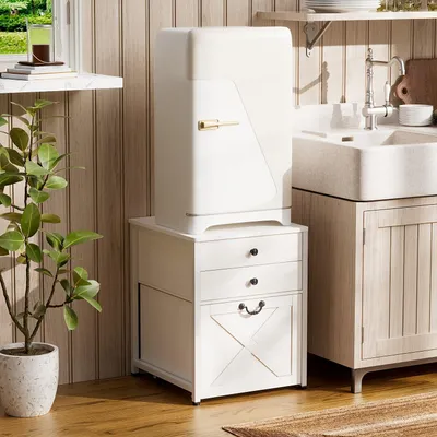 Image de Support de micro-ondes pour cuisine, avec 3 niveaux, 2 tiroirs et un meuble sur roulettes, de style rustique