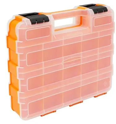 Image de Boîte de rangement pour outils, 34 compartiments, séparateurs réglables, orange et transparent