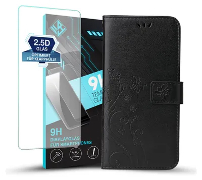 A black flip phone case with floral embossing and a screen protector are displayed against a white background.
