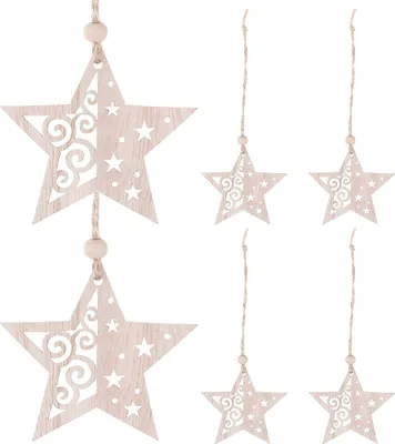 Obrázok produktu pre SPRINGOS Sada ozdôb na vianočný stromček z dreva, 6 ks, drevené prívesky, ozdoby, prívesky, Vianoce, prívesky na vianočný stromček, DIY (hviezdičky)