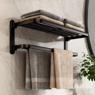 Image de Porte-serviettes mural, fixation sans perçage, 2 barres, aluminium mat noir, 58 cm