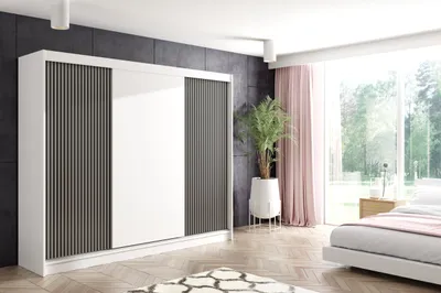 Produktbild von ALTDECOR Kleiderschrank mit Lamel-Schiebetüren, kugelgelagerte Führungsschienen und Aluminium-Leisten, LED-Beleuchtung und Fernbedienung - VILO - 250 cm - Weiß/Lamelle Schwarz