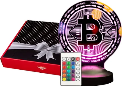 A Bitcoin-themed LED lamp and a gift box are displayed on a white background.