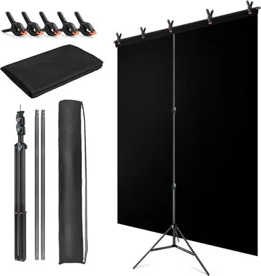 Produktbild von Famanu Hintergrundständer verstellbar - 1,5 x 2 m - Schwarz - Mit 5 Klemmen und Tragetasche