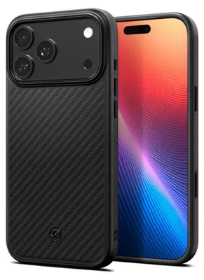 A black carbon fiber textured phone case with a camera cutout is shown next to a smartphone with a colorful abstract wallpaper.