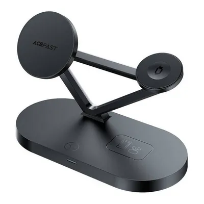 A black wireless charging stand for multiple devices.