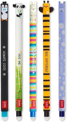 Produktbild von Legami – Set aus 5 radierbaren Gelstiften mit wärmeempfindlicher Tinte, einer Auswahl an Tintfarben und Designs, 0,7 mm Spitze, mit den Motiven Pinguin, Panda, Lama, Biene und Nilpferd