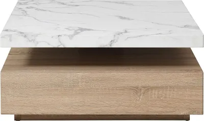 Produktbild von Drehbarer Couchtisch mit 1 Schublade aus MDF - Weißer Marmoreffekt und Natural - KYRIA