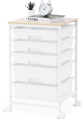 Obrázok produktu pre Voziak s 5 zásuvkami, biely, kuchynský vozík, odkladací vozík na kolieskach