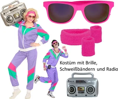 Produktbild von Uni Retro 80 er Jahre Trainingsanzug Set inkl. Brille, Radio, Schweißbänder und Kostüm S - 170-177cm
