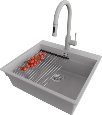 Produktbild von PRIMAGRAN Granitspüle Grau 58x53cm, Spülbecken 1 Becken + Küchenarmatur 40x20cm + Ablauf-Set + Küchenzubehörset, Küchenspüle ab 60er Unterschrank - Oslo Max