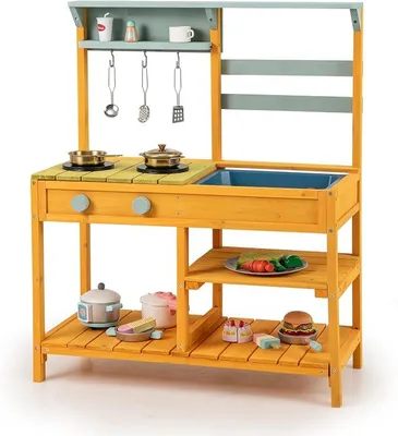 Imagen del producto de Cocina de juguete para exteriores, cocina de madera para niños con fregadero, cocina de juego con ganchos y estante desmontable, cocina de jardín para exteriores, ideal para niños a partir de 3 años