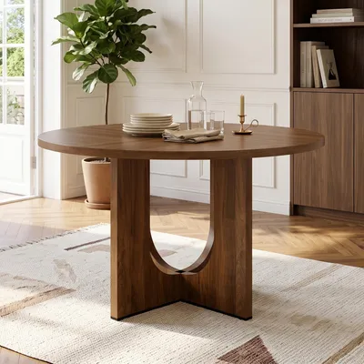 Produktbild von okwish Runder Küchentisch urchbrochenes Tischbein-Design, Esstisch für 4-6 Personen, Moderner Stil, Nussbaum