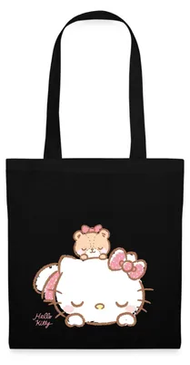 Produktbild von Spreadshirt Hello Kitty Mit Teddy Auf Dem Rücken Stoffbeutel, One size, Schwarz