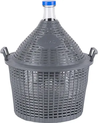 A large glass bottle with a blue cap, enclosed in a grey plastic basket, isolated on a white background.