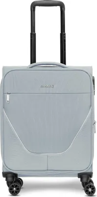 A light gray carry-on suitcase with black wheels and a black retractable handle is shown against a white background.