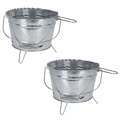 Produktbild von 2x Grilleimer Verzinkt mit Griff Ø 27 cm Tragbarer Holzkohlegrill mit Grillrost & klappbaren Füßen Mobiler Campinggrill Picknickgrill & BBQ Grill
