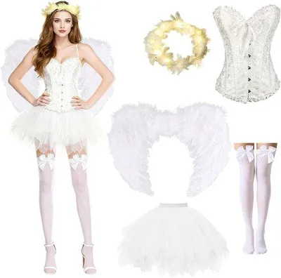 Produktbild von Engel und Teufel Damen-Kostüm-Set - Vollständiges Karnevals-Outfit mit Korsett, Rock und Haarband
