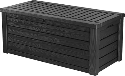 A dark gray storage box with a slatted lid, shown from a three-quarter angle against a white background.