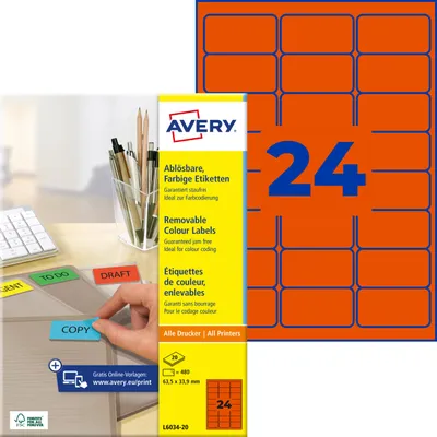 Produktbild von Avery Zweckform L6034-20, Farbige Etiketten, ablösbar, A4, 63,5 x 33,9 mm, 480 Etiketten / 20 Bögen, rot