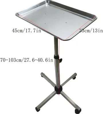 A silver rolling tray stand with dimensions indicated by text overlays.