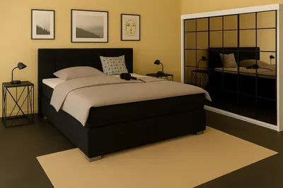 Image de Lit Boxspring TOM 200 x 200 cm avec matelas et tête de lit rembourrée. Couleur : noir
