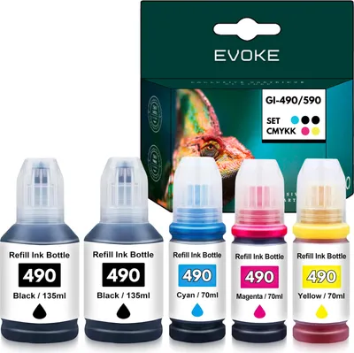 A set of refill ink bottles and their packaging.